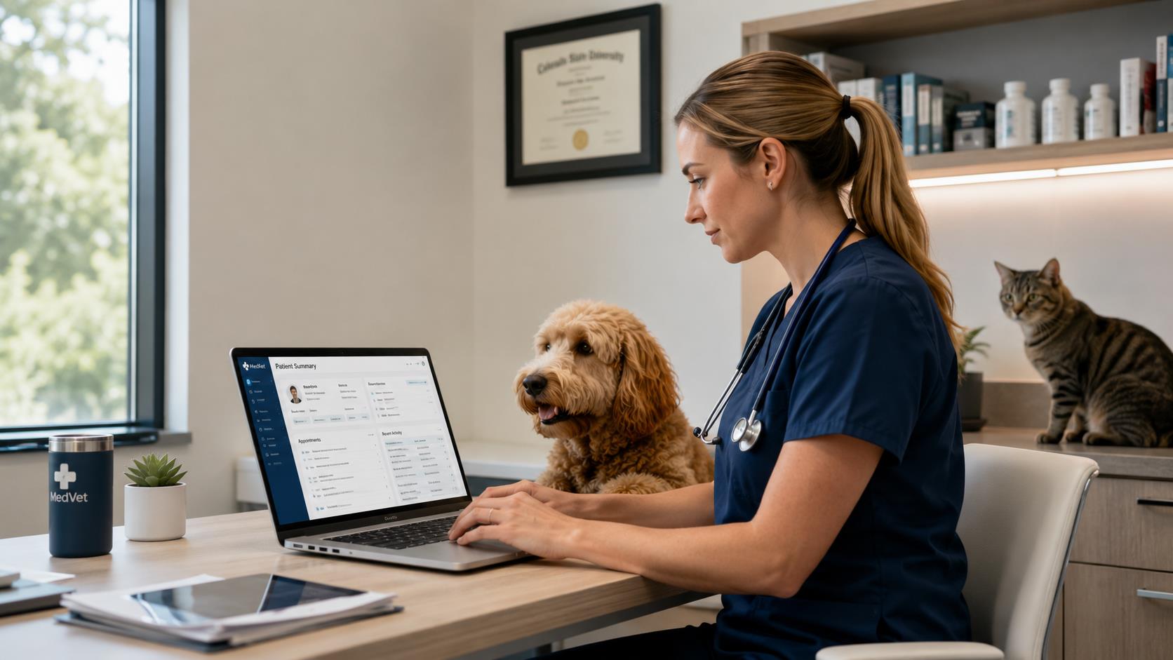 Veterinaria usando sistema em notebook